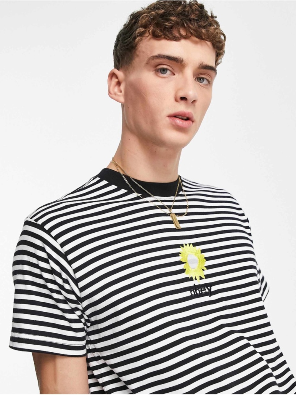 OBEY XL Black & White Striped Short-Sleeve Tee with Yellow Sun Motif PTP 25-28